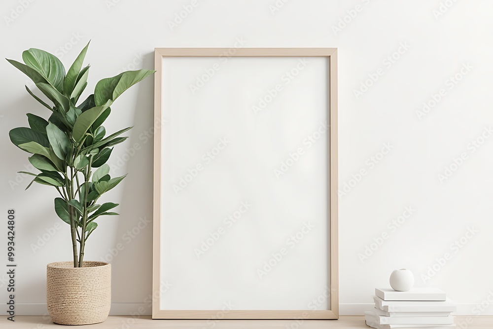 Mock-up frame in the Realistic home interior background, with natural rattan furniture, 3d render Mock-up frame in the Realistic home interior background, with natural rattan furniture, 3d render