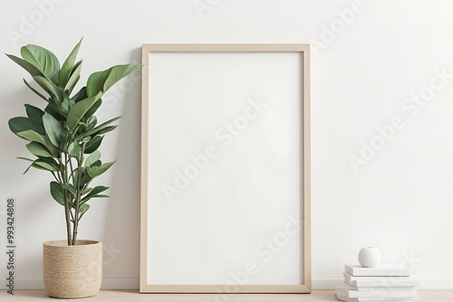 Mock-up frame in the Realistic  home interior background, with natural rattan furniture, 3d render