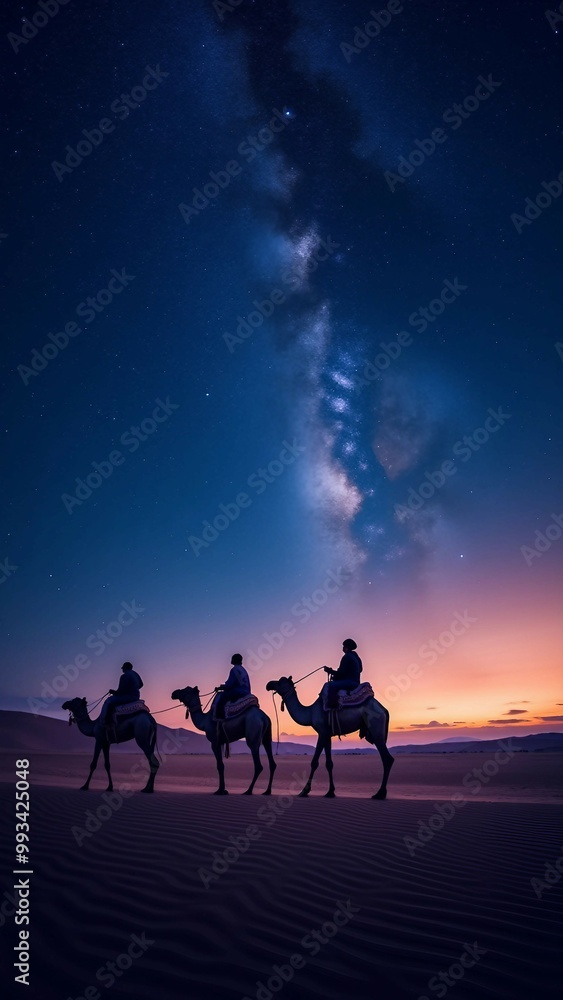 Camel riders journeying through the desert under the Milky Way Camel riders journeying through the desert under the Milky Way