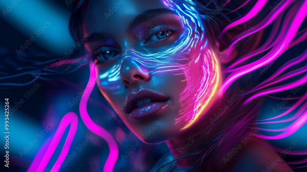 Close-Up Abstract Portrait of a Woman with Neon Accents and Vibrant Colors Close-Up Abstract Portrait of a Woman with Neon Accents and Vibrant Colors