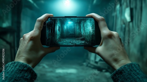 Person holding smartphone capturing eerie forest pathway in dim light.