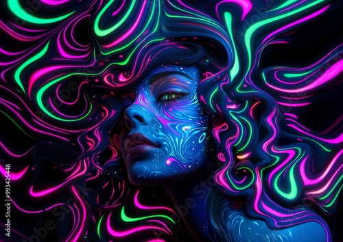 Surreal Psychedelic Portrait of a Woman with Neon Colors and Patterns