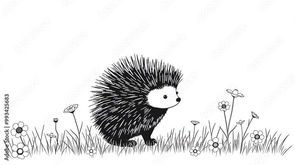 Fototapeta premium Porcupine and Wildflowers: Tranquil Setting