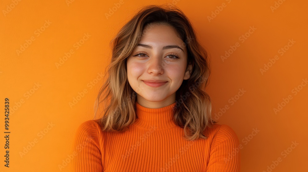 Confident Woman in Orange - Minimalist Portrait on Bold Background Confident Woman in Orange - Minimalist Portrait on Bold Background