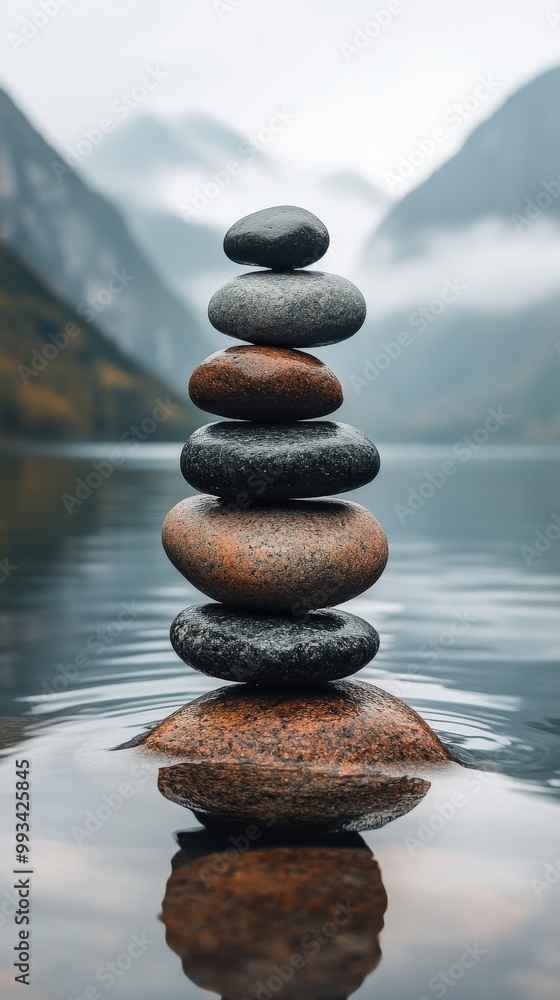 Balanced stones on serene lakeside with misty mountain background Balanced stones on serene lakeside with misty mountain background