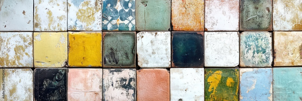 Mosaic tile texture with vibrant, mismatched patterns and worn, faded colors Mosaic tile texture with vibrant, mismatched patterns and worn, faded colors