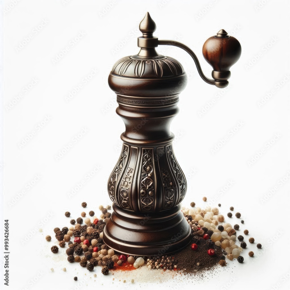 Wooden Pepper Grinder with Hand Crank Mechanism Isolated on White Background
