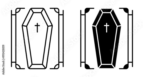 Linear icon. Halloween process of burying a coffin in a cemetery