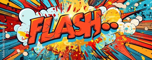 Abstract pop art background featuring "FLASH." Explosion theme, Bold graphics, Bright vector