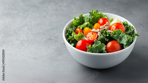 Fresh salad with cherry tomatoes, leafy greens, and sunflower seeds creates vibrant and healthy dish. Perfect for nutritious meal or snack.