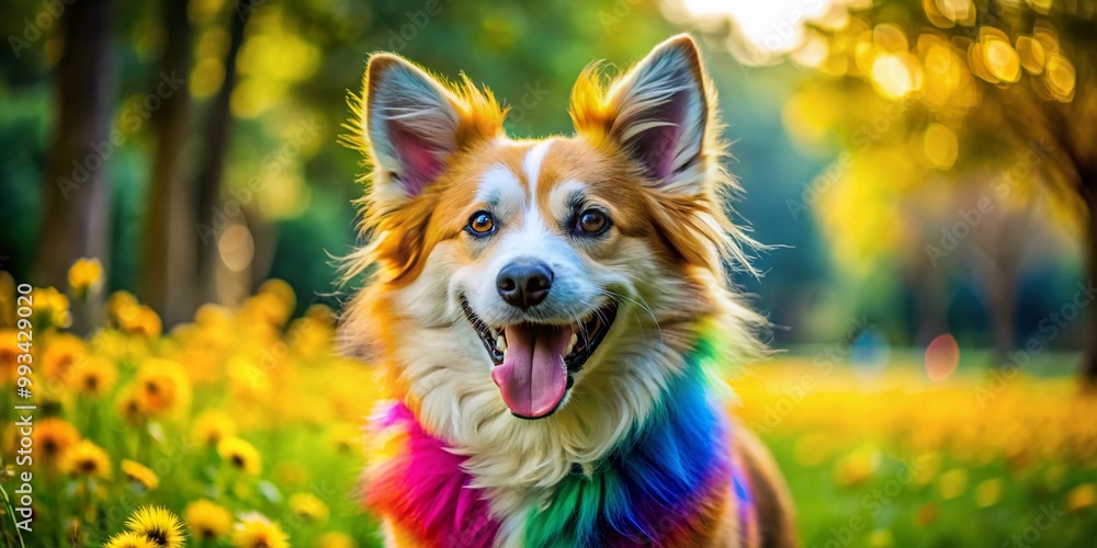 Playful dog with colorful fur in a vibrant outdoor setting, showcasing joy and energy in nature Playful dog with colorful fur in a vibrant outdoor setting, showcasing joy and energy in nature