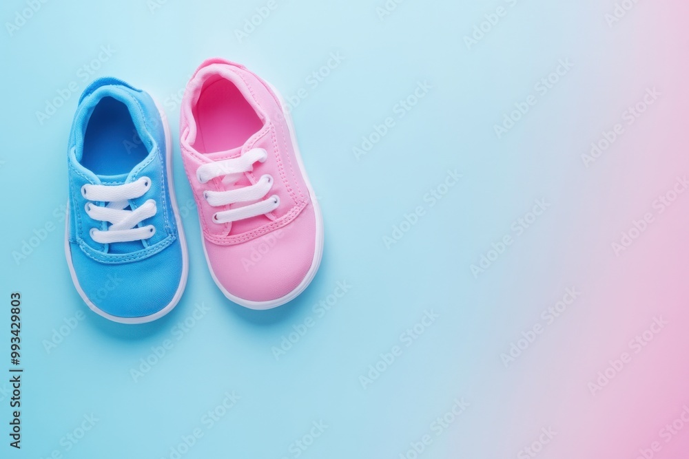 A creative composition of gender reveal baby shoes in pink and blue, with a blank background for text, suitable for commercial advertisements, highlighting the vibrant and celebratory mood. A creative composition of gender reveal baby shoes in pink and blue, with a blank background for text, suitable for commercial advertisements, highlighting the vibrant and celebratory mood.