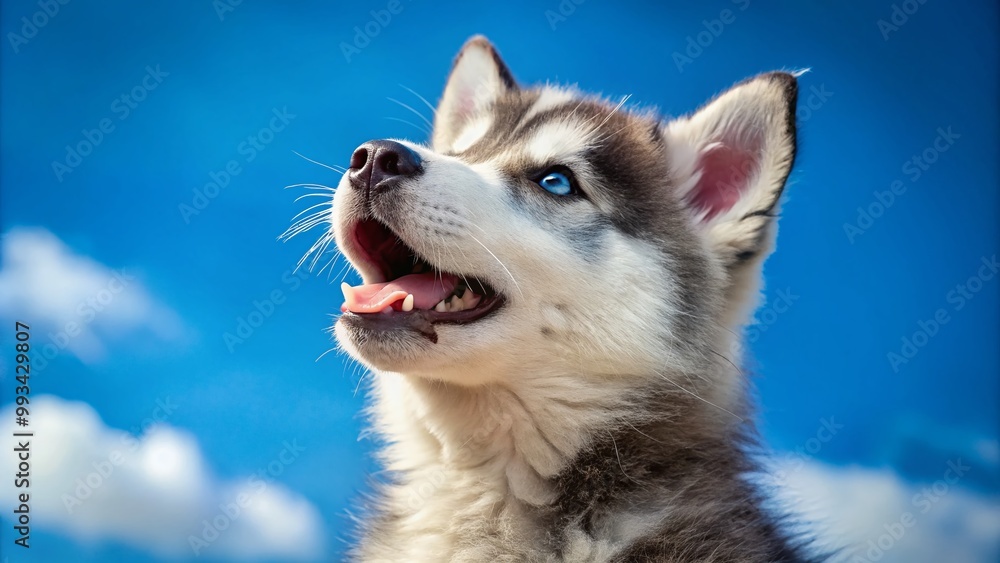 Playful husky puppy howling against a bright blue sky with a curious expression and fluffy fur Playful husky puppy howling against a bright blue sky with a curious expression and fluffy fur