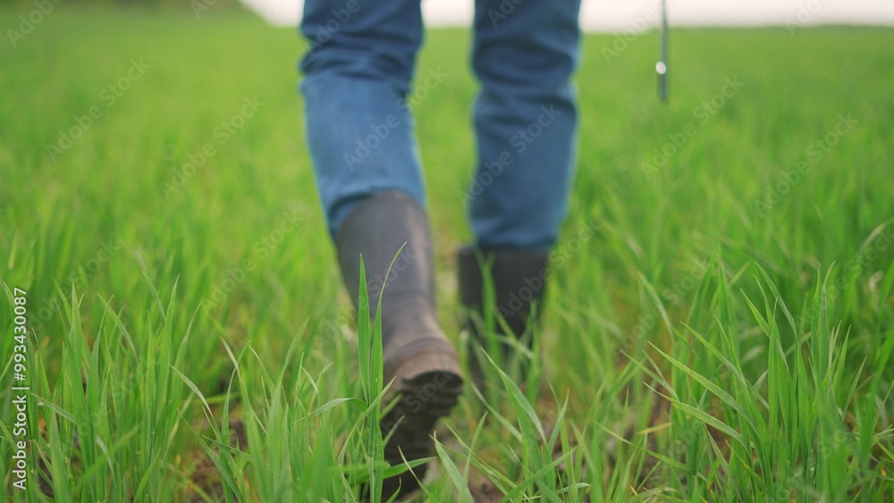 farmer walks through the field. business finance and people concept. the tall farmer in rubber boots walks through a green field with wheat sprouts, boots lifestyle close up farmer walks through the field. business finance and people concept. the tall farmer in rubber boots walks through a green field with wheat sprouts, boots lifestyle close up