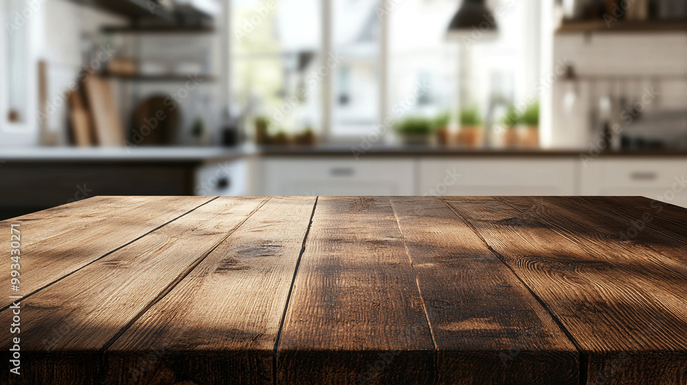 Empty wooden table top with a blurred kitchen interior background Empty wooden table top with a blurred kitchen interior background