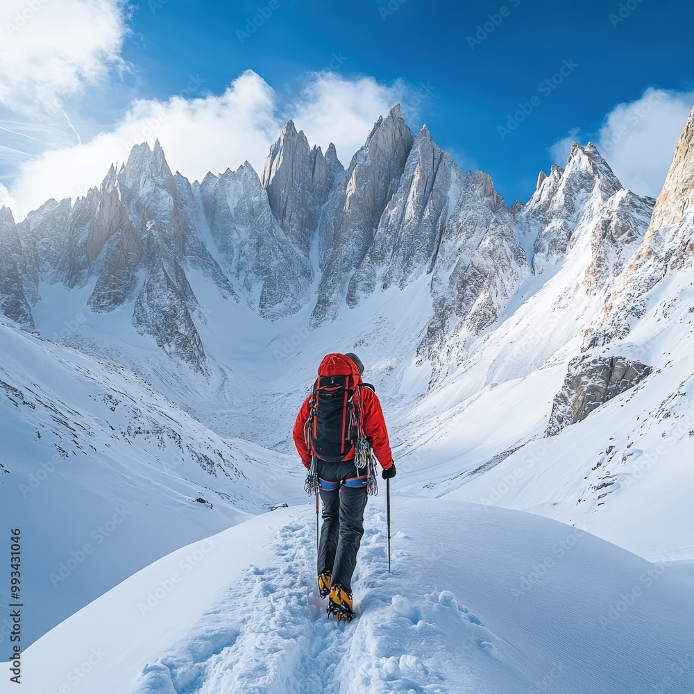 Climber in red jacket trekking through the snowy Alps under bright sunlight Climber in red jacket trekking through the snowy Alps under bright sunlight