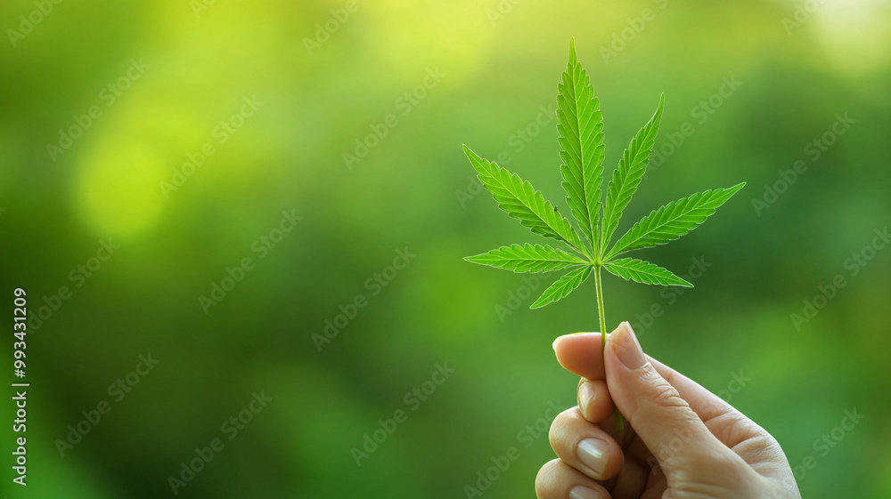 Hand holding a cannabis leaf over a blurred green background Hand holding a cannabis leaf over a blurred green background