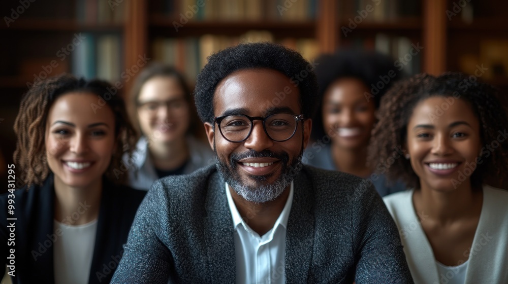 Group of People Smiling Together in a Library Group of People Smiling Together in a Library