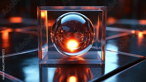 3D futuristic sphere with a glowing core, encased in a sleek rectangular box made up of rotating interlocking ring elements photo