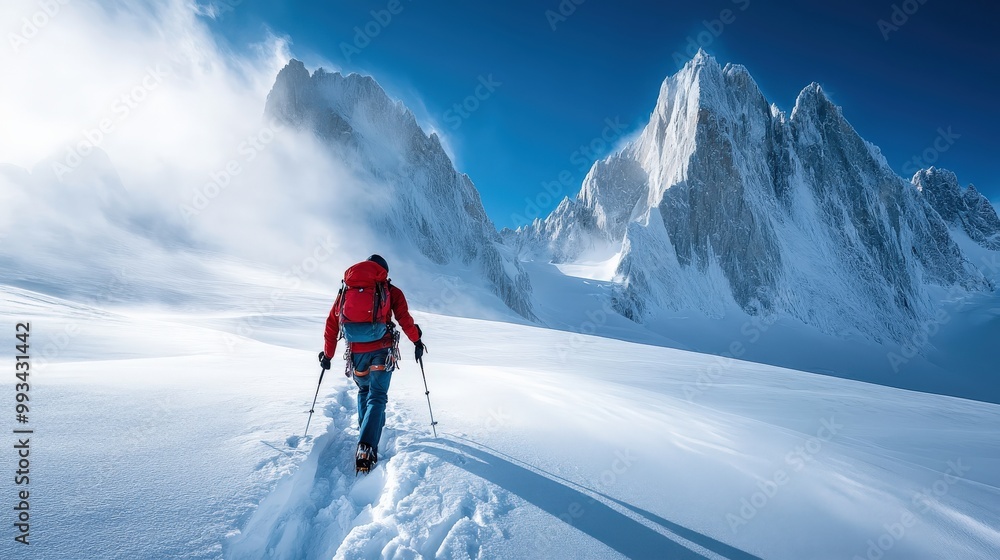 Climber in red jacket trekking through the snowy Alps under bright sunlight