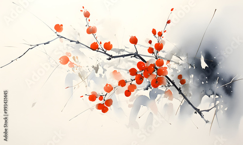 Japan traditional sumi-e painting. The motif includes the Japanese Oshidori-buro blooming flowers on a tree branch.