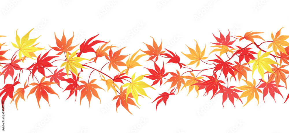 Autumn border on white background. Time of leaf fall. Red and orange leaves of Japanese maple in seamless horizontal pattern. Vector illustration. Autumn border on white background. Time of leaf fall. Red and orange leaves of Japanese maple in seamless horizontal pattern. Vector illustration.