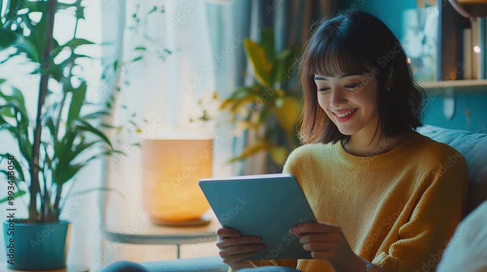 A smiling woman in a cozy sweater enjoys using a tablet amidst indoor plants and soft lighting, creating a warm, inviting atmosphere. A smiling woman in a cozy sweater enjoys using a tablet amidst indoor plants and soft lighting, creating a warm, inviting atmosphere.