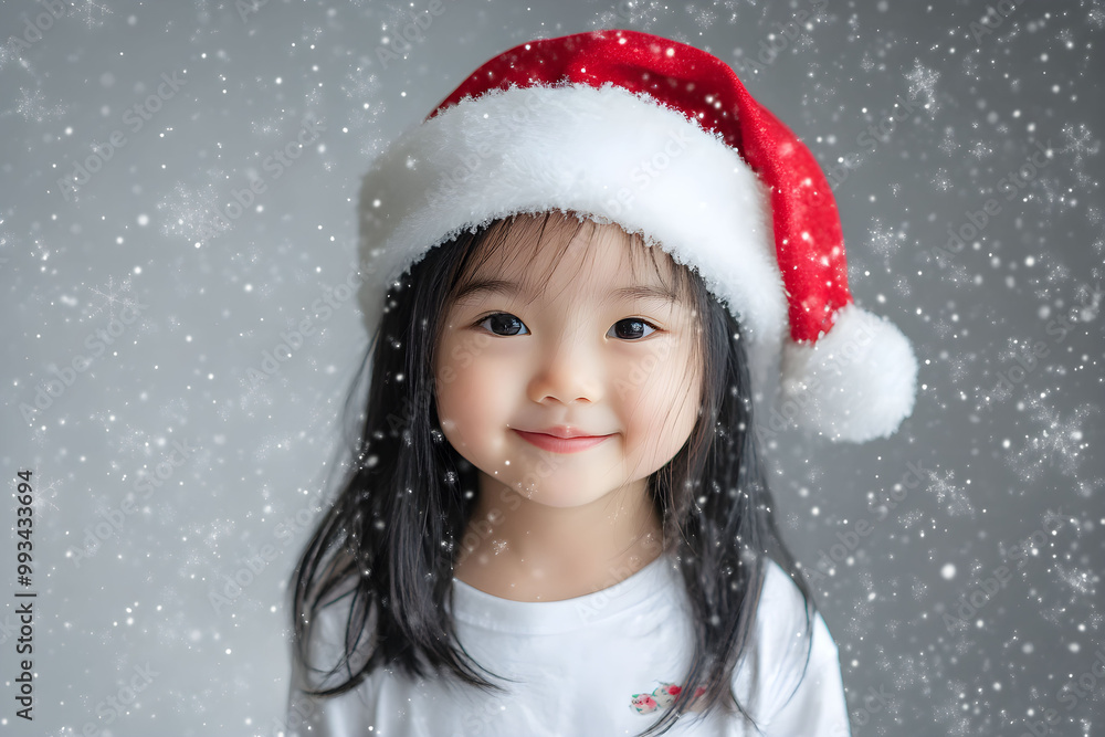 A joyful Korean girl wearing a festive Santa hat smiles happily while snowflakes gently fall around her in a cozy indoor setting during the holiday season A joyful Korean girl wearing a festive Santa hat smiles happily while snowflakes gently fall around her in a cozy indoor setting during the holiday season
