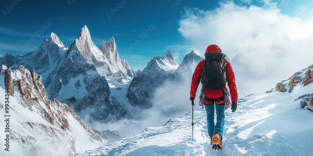 Climber in red jacket trekking through the snowy Alps under bright sunlight Climber in red jacket trekking through the snowy Alps under bright sunlight