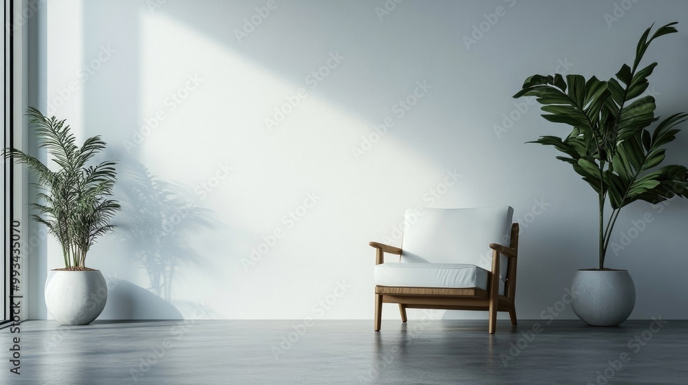 Modern minimalist interior with an armchair against a white wall Modern minimalist interior with an armchair against a white wall