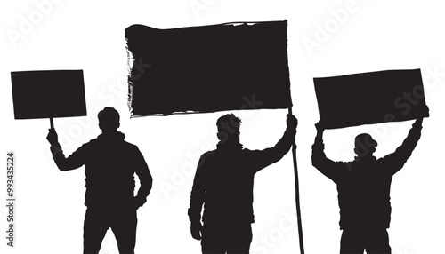 vector set of black silhouette man holding poster banner. Civil protest, democratic freedom