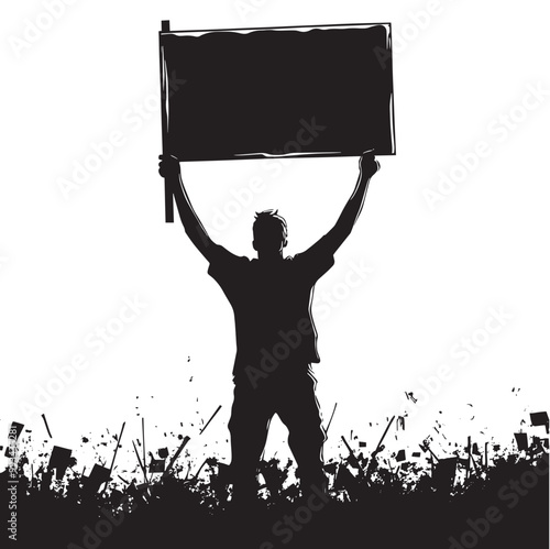 vector black silhouette man holding poster banner. Civil protest, democratic freedom