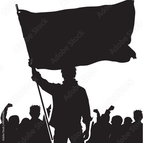 vector black silhouette man holding poster banner. Civil protest, democratic freedom