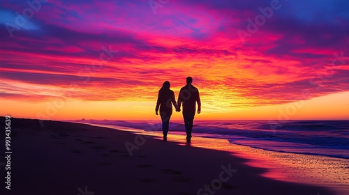 A couple walking hand-in-hand along a sandy beach during a vibrant Sunday sunset, silhouetted against the colorful sky, capturing the essence of Sunday love and romance 