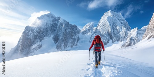 Climber in red jacket trekking through the snowy Alps under bright sunlight