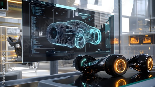 A futuristic workspace with an AI interface offering instant design improvements while analyzing a detailed 3D model, showcasing advanced AI-driven design capabilities  photo