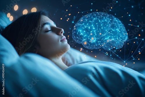 Young woman sleeping with glowing digital brain visualization for dream research, neuroscience studies, and sleep technology concepts in cognitive science and artificial intelligence applications photo