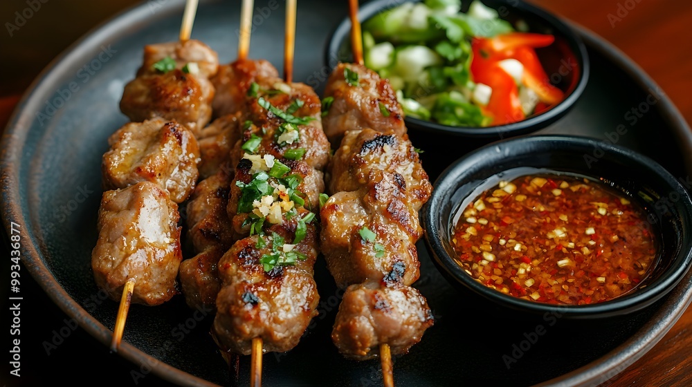 A sizzling plate of perfectly grilled pork skewers served with vibrant dipping sauces on the side, capturing the essence of Thai street food A sizzling plate of perfectly grilled pork skewers served with vibrant dipping sauces on the side, capturing the essence of Thai street food