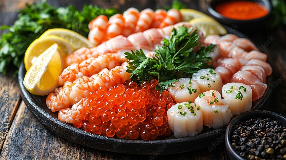 Fresh Seafood Platter with Shrimp Scallops Caviar and Lemon Fresh Seafood Platter with Shrimp Scallops Caviar and Lemon