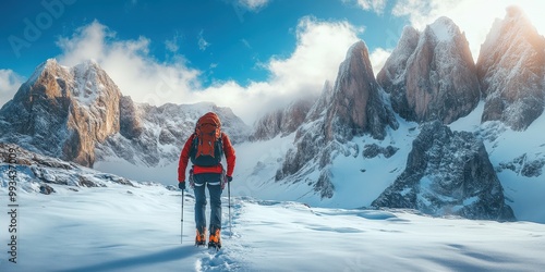 Climber in red jacket trekking through the snowy Alps under bright sunlight