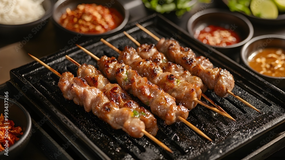 Close-up of juicy grilled pork skewers on a hot plate, accompanied by small bowls of dipping sauces, showcasing the flavors of authentic Thai street cuisine Close-up of juicy grilled pork skewers on a hot plate, accompanied by small bowls of dipping sauces, showcasing the flavors of authentic Thai street cuisine