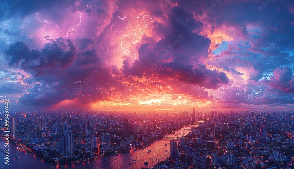 Fototapeta premium Lightning storm over a vibrant city skyline with dramatic purple and orange clouds reflecting on the river at dusk Generative AI