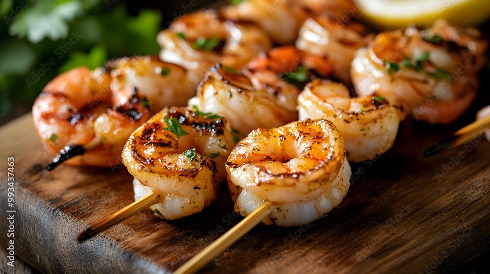 Close-up of succulent grilled shrimp skewers drizzled with garlic butter, served on a rustic wooden platter, highlighting the fresh flavors of a seafood barbecue Close-up of succulent grilled shrimp skewers drizzled with garlic butter, served on a rustic wooden platter, highlighting the fresh flavors of a seafood barbecue