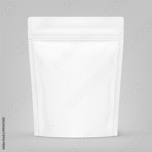 Realistic stand up pouch bag with zip lock mockup with transparent shadow. Front view. Vector illustration isolated on grey background. Ready for your design. EPS10.