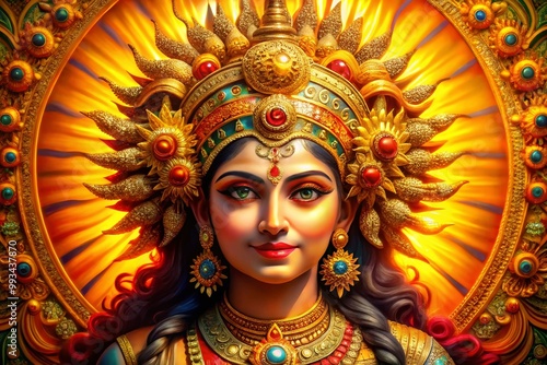 Radiant Hindu Sun Goddess Symbolizing Light, Energy, and Spirituality in Vibrant Artistic Representation