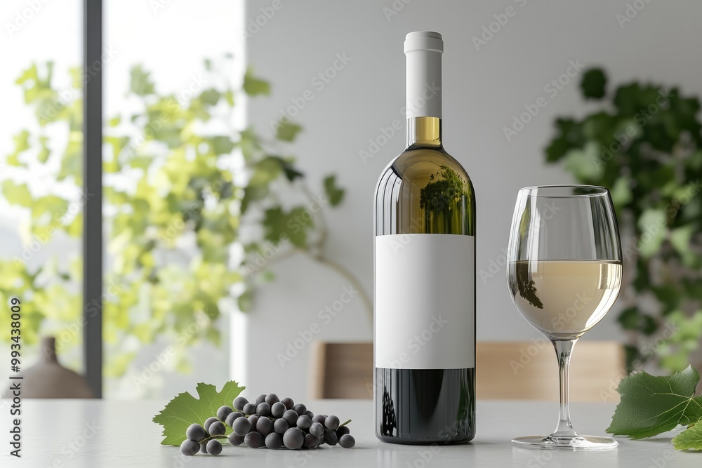 Mockup of Blank Wine Bottle with Grape Bunch and Glass of Wine on Clean Background Mockup of Blank Wine Bottle with Grape Bunch and Glass of Wine on Clean Background