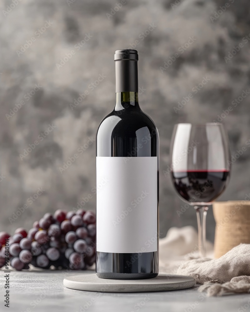 Mockup of Blank Wine Bottle with Grape Bunch and Glass of Wine on Clean Background Mockup of Blank Wine Bottle with Grape Bunch and Glass of Wine on Clean Background