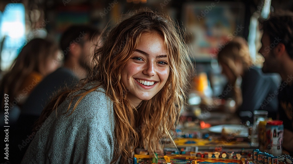 Happy Young Woman Smiling at Camera with Friends in the Background Happy Young Woman Smiling at Camera with Friends in the Background