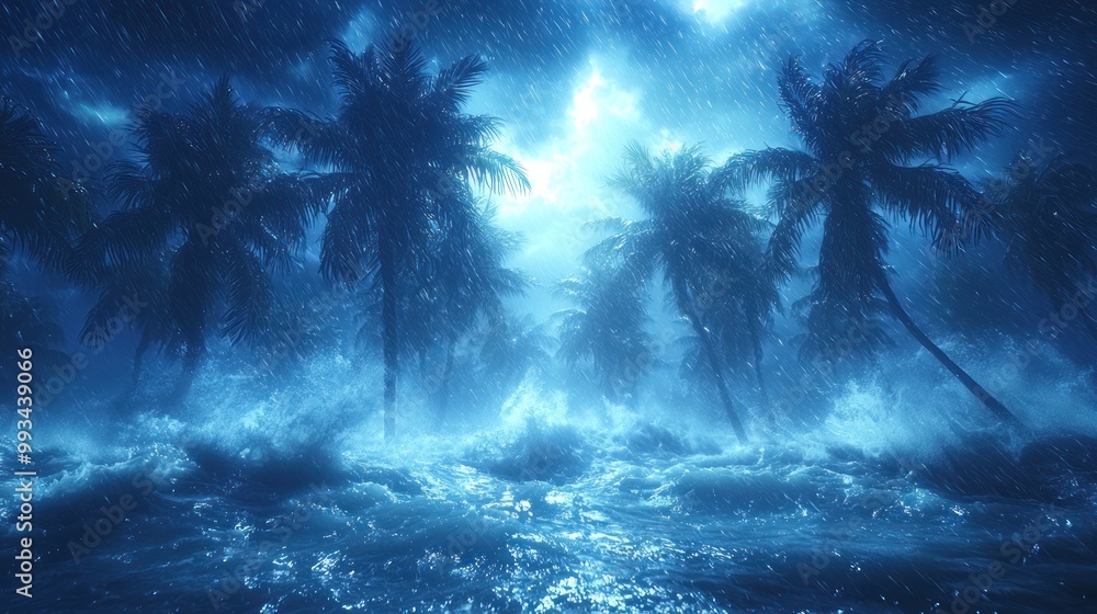 Fototapeta premium Tropical storm with heavy rain and strong winds bending palm trees under a dark and ominous sky by the ocean Generative AI