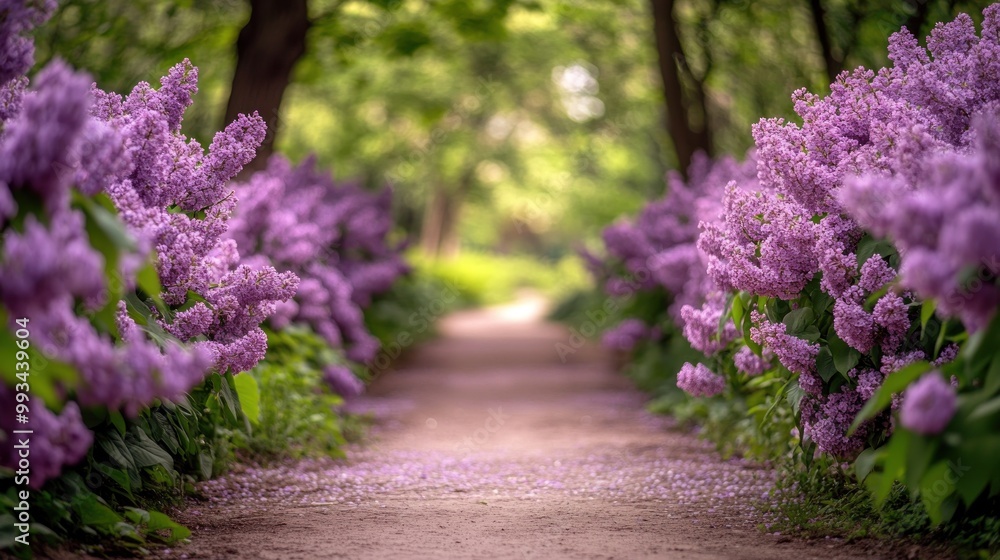 Obraz premium Lilac-Lined Path Through a Lush Green Forest